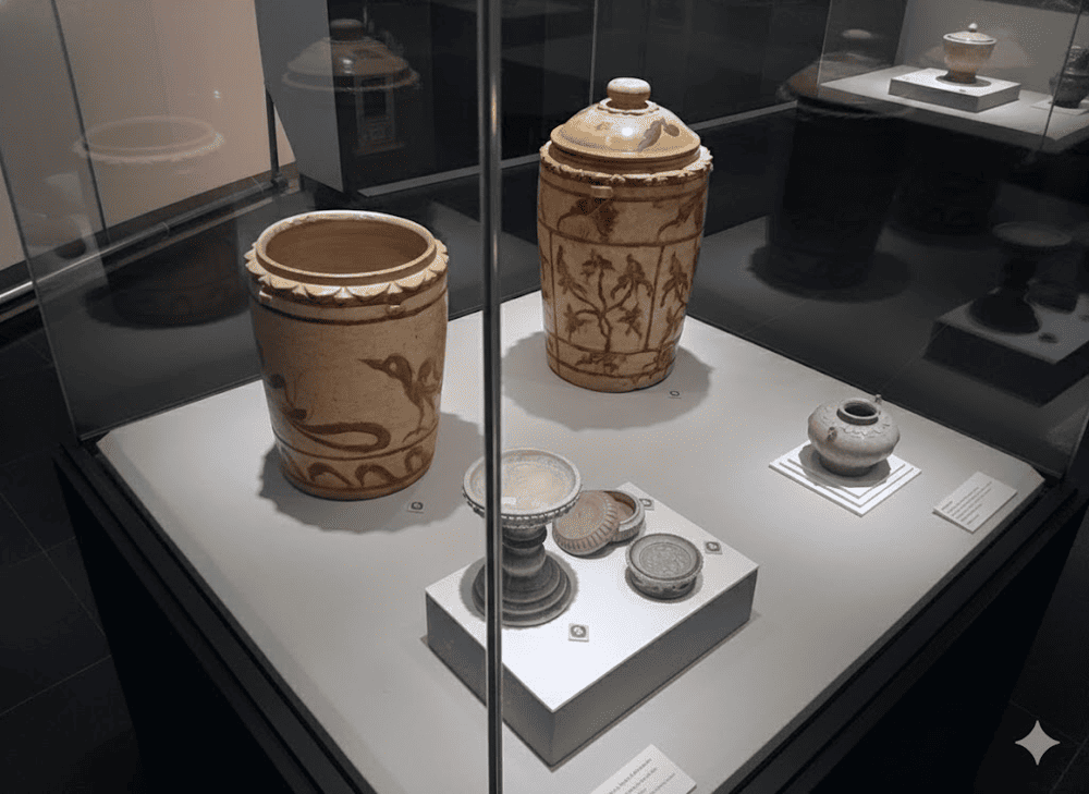 Tầng 1 là nơi trưng bày nhiều hiện vật gốm sứ, đồng cổ, v.v. từ thời Lý - Trần - Lê